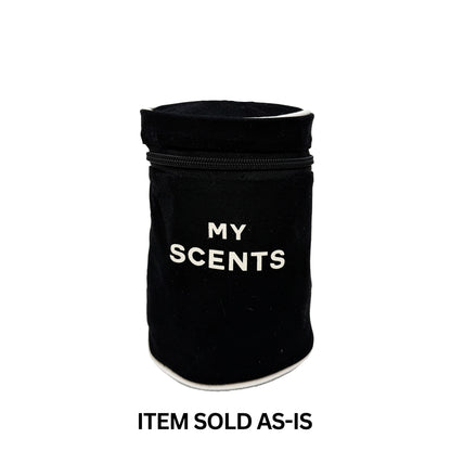 Bag-all black round perfume case with faulty blue monogram, compact and stylish storage for scents final sale item