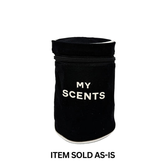 Bag-all black round perfume case with faulty blue monogram, compact and stylish storage for scents final sale item