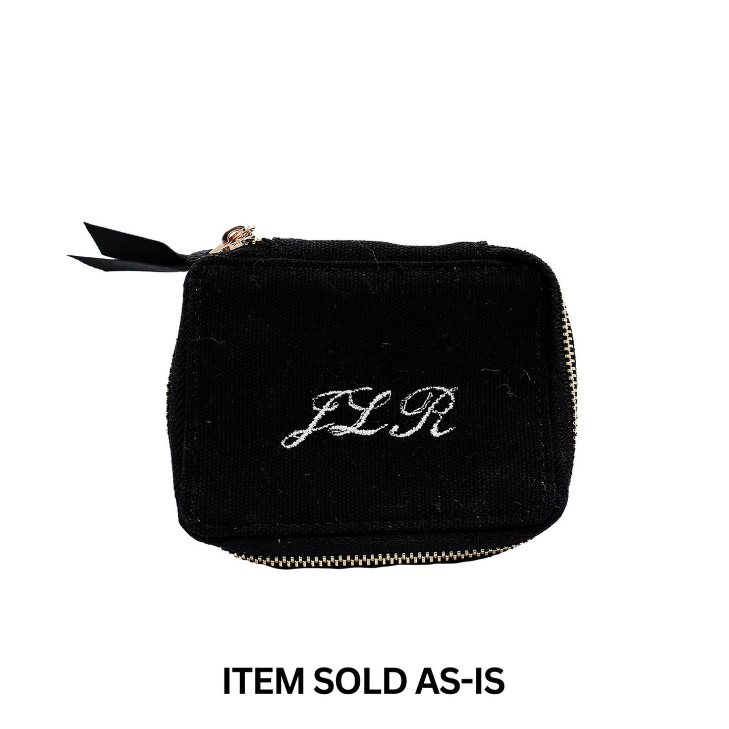 Black small Bag-all pill box with daily insert featuring faulty white JLR monogram and gold zipper sold as-is final sale item