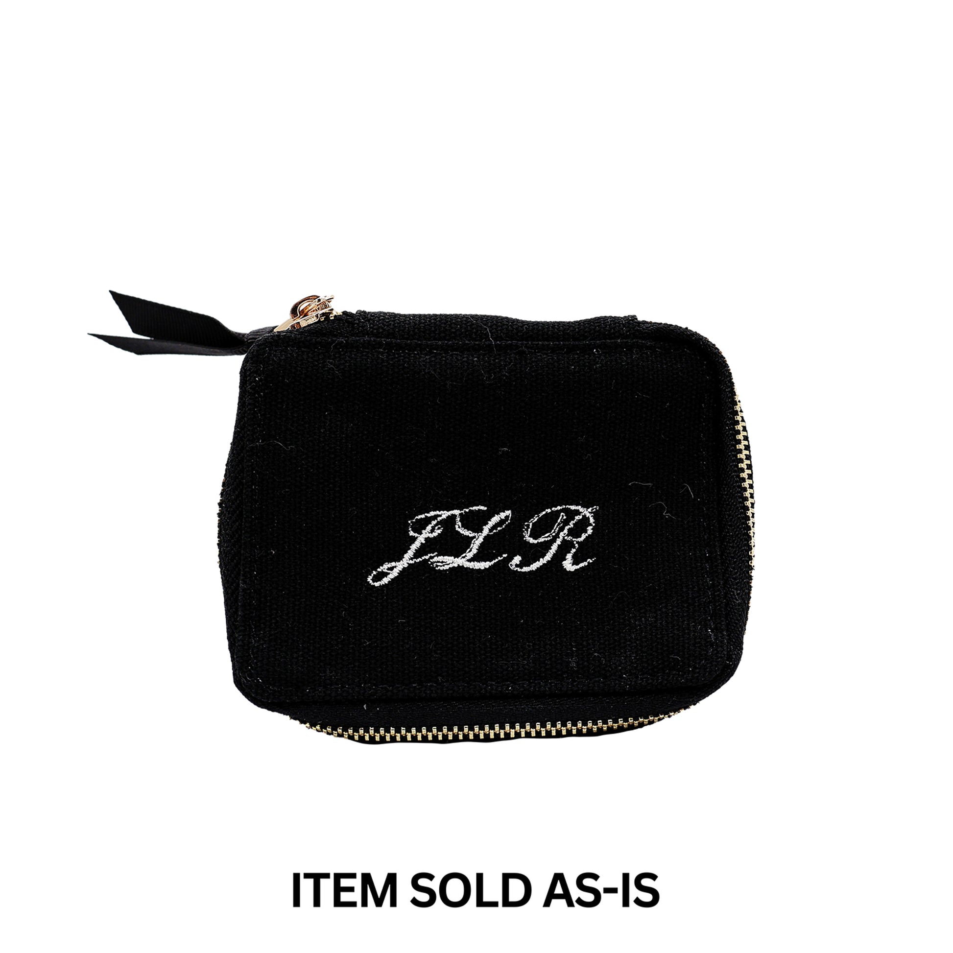 Black small Bag-all pill box with daily insert featuring faulty white JLR monogram and gold zipper sold as-is final sale item