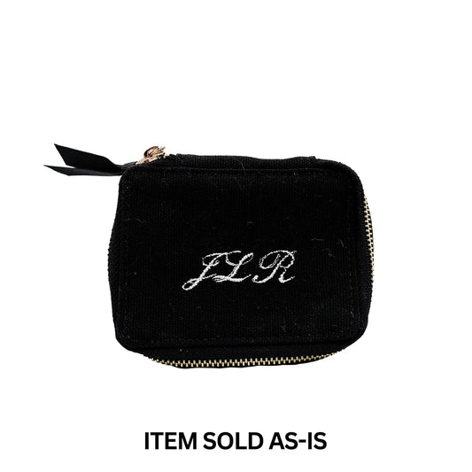 Black small Bag-all pill box with daily insert featuring faulty white JLR monogram and gold zipper sold as-is final sale item