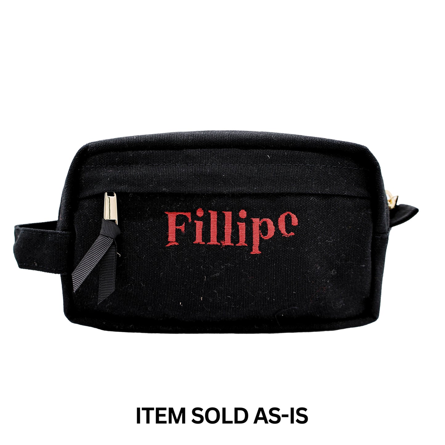 Black Bag-all toiletry pouch with faulty red Fillipo monogram, final sale, sold as-is, unique sales bin item