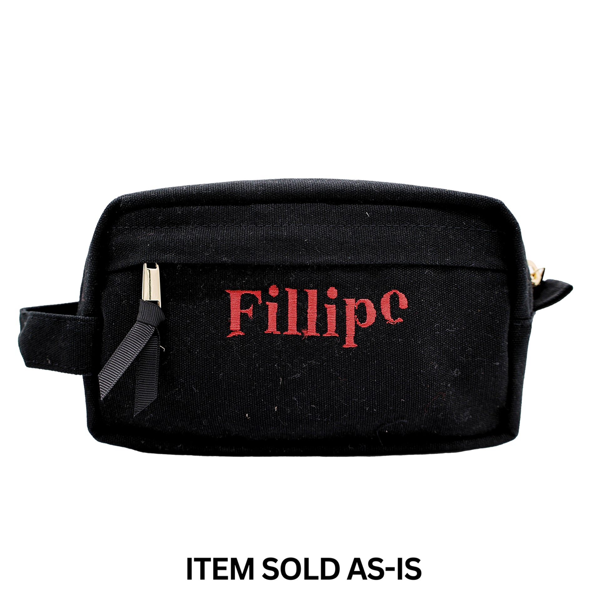 Black Bag-all toiletry pouch with faulty red Fillipo monogram, final sale, sold as-is, unique sales bin item