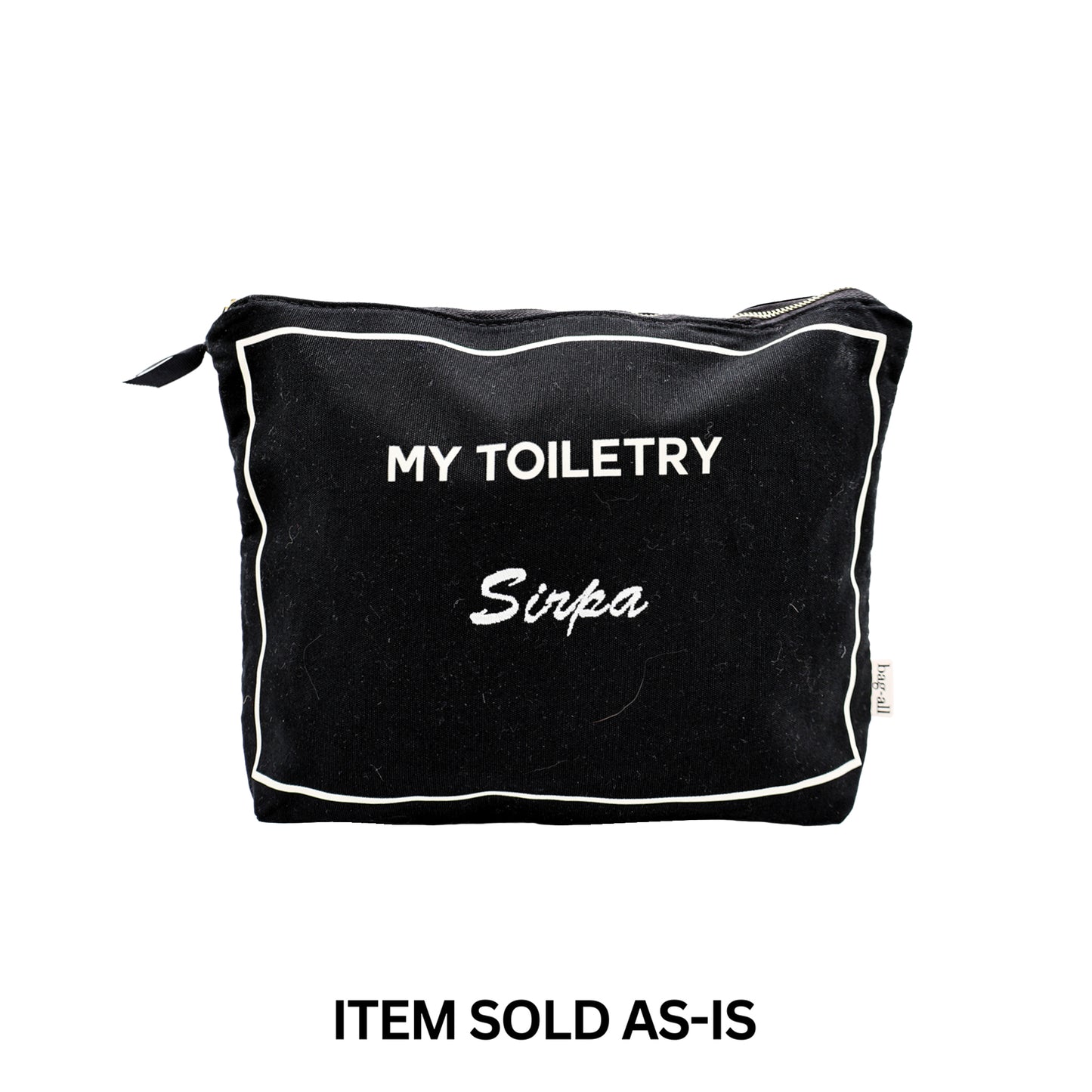 Black Bag-all toiletry bag with faulty white Sirpa monogram, travel size, sold as-is for quick sale