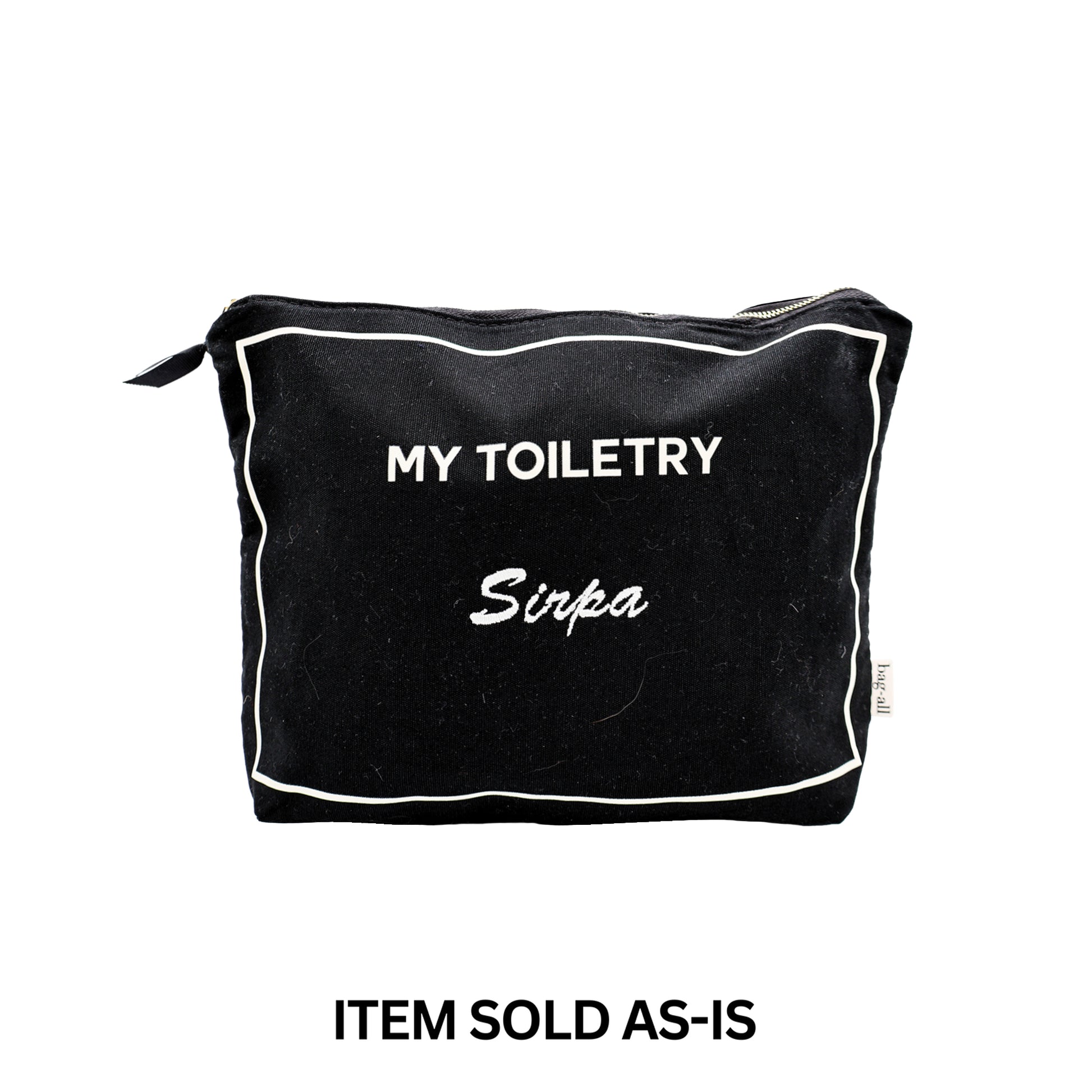 Black Bag-all toiletry bag with faulty white Sirpa monogram, travel size, sold as-is for quick sale