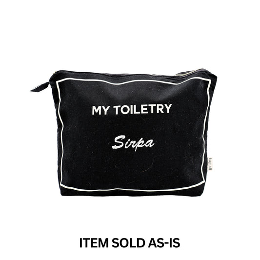 Black Bag-all toiletry bag with faulty white Sirpa monogram, travel size, sold as-is for quick sale