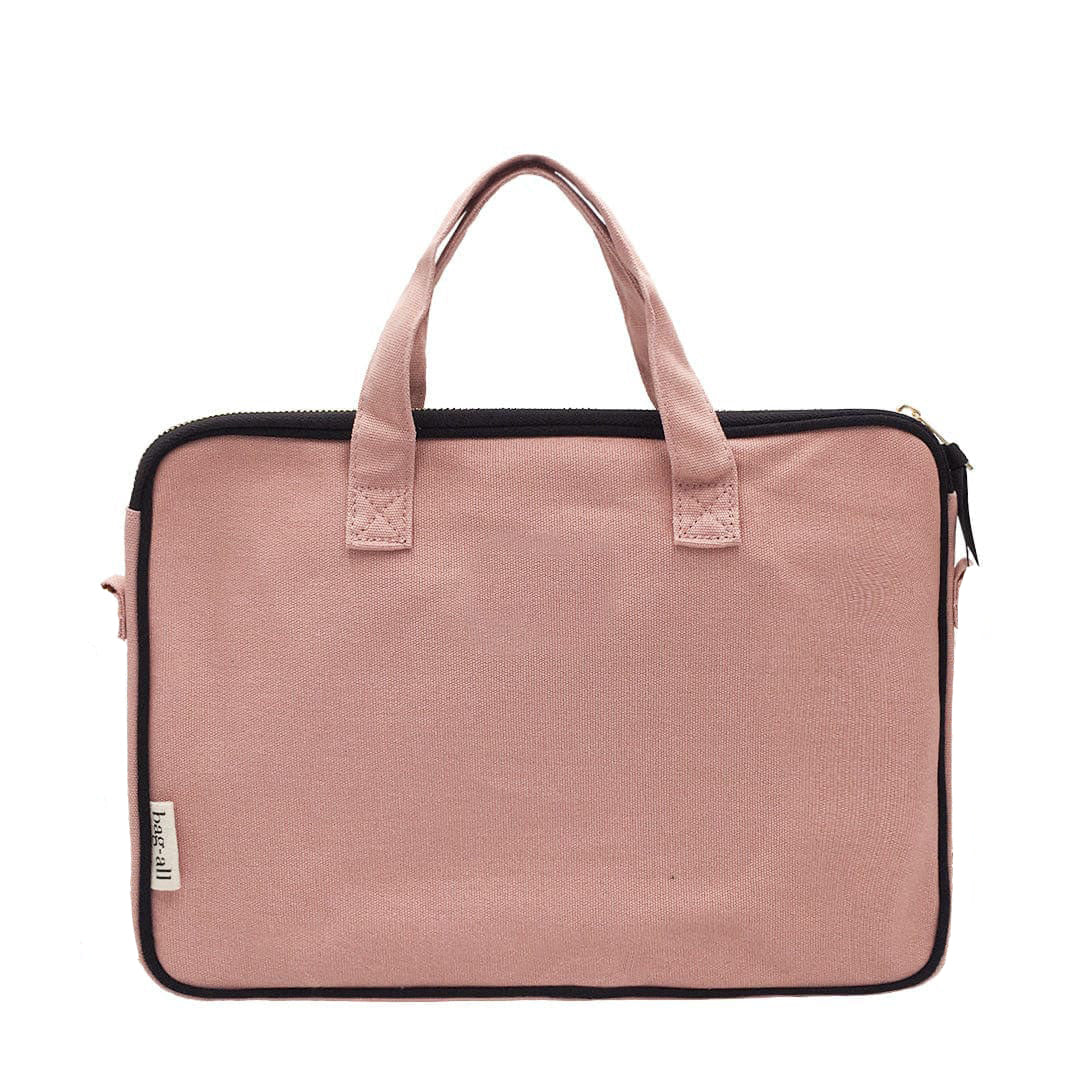 Bag-all Laptop Case 13" in blush pink cotton with charger pocket, featuring padded interior and dual carrying options for stylish protection