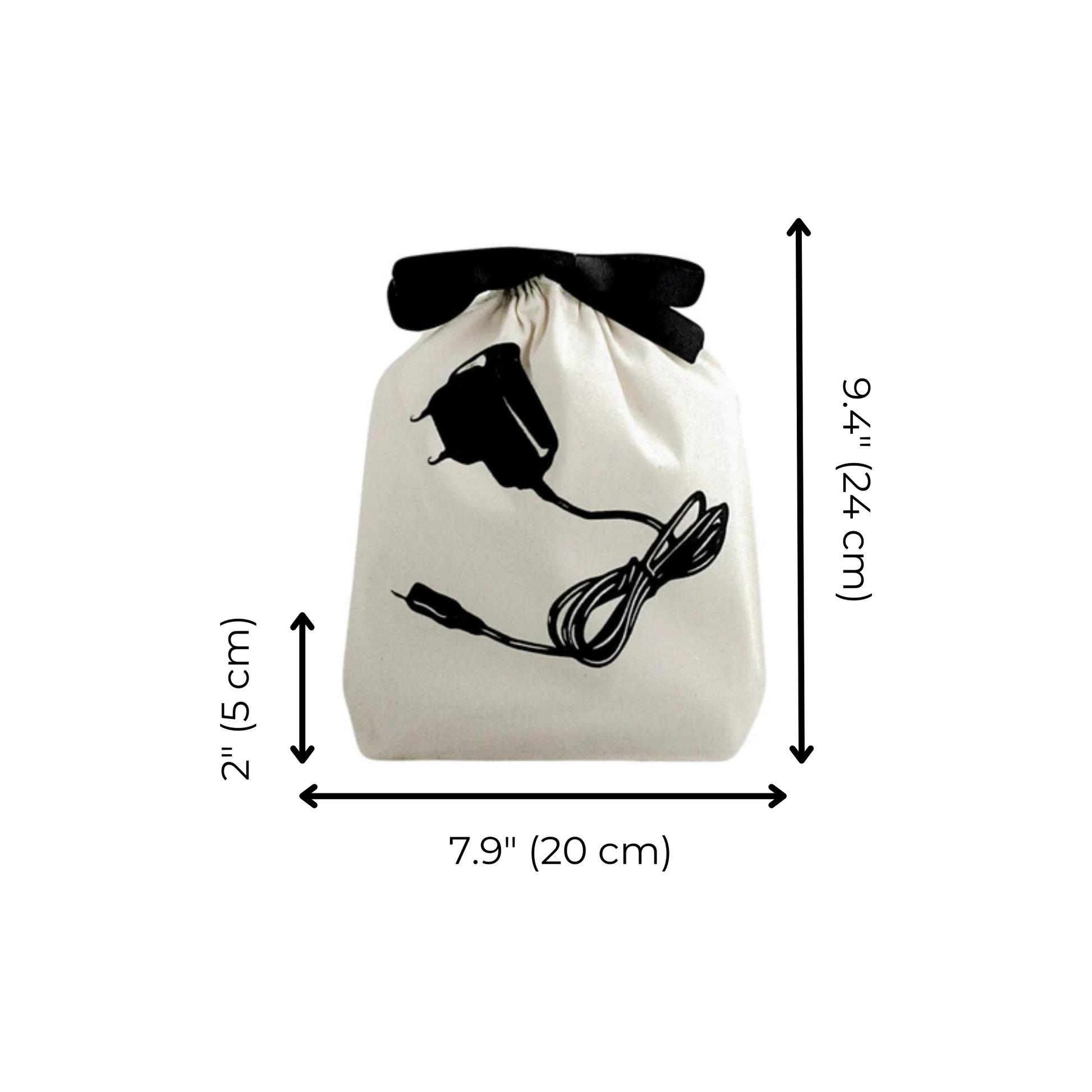 Bag-all Cream Charger Bag with black bow featuring cable print design, measurements 9.4x7.9x2 inches, perfect for organizing cords and cables