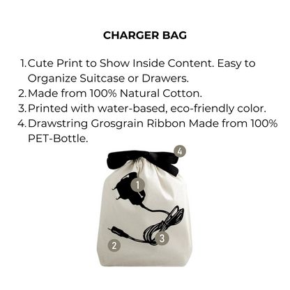 Bag-all Charger Bag in cream cotton with charger illustration, eco-friendly drawstring organizer for cords and cables, featuring black recycled ribbon closure