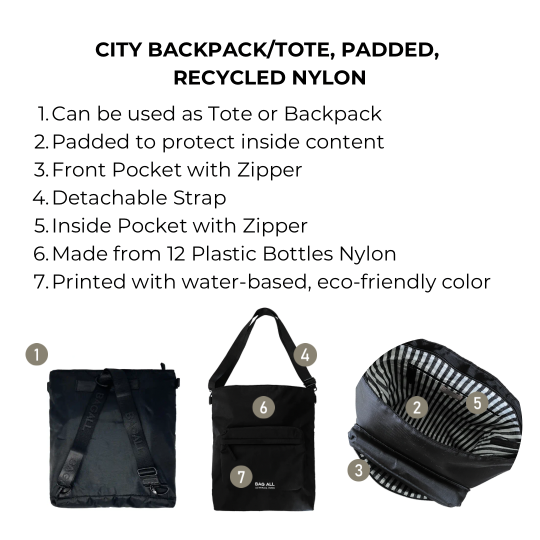 City Backpack/Tote, Padded, Recycled Nylon, Black, Paris | Bag-all