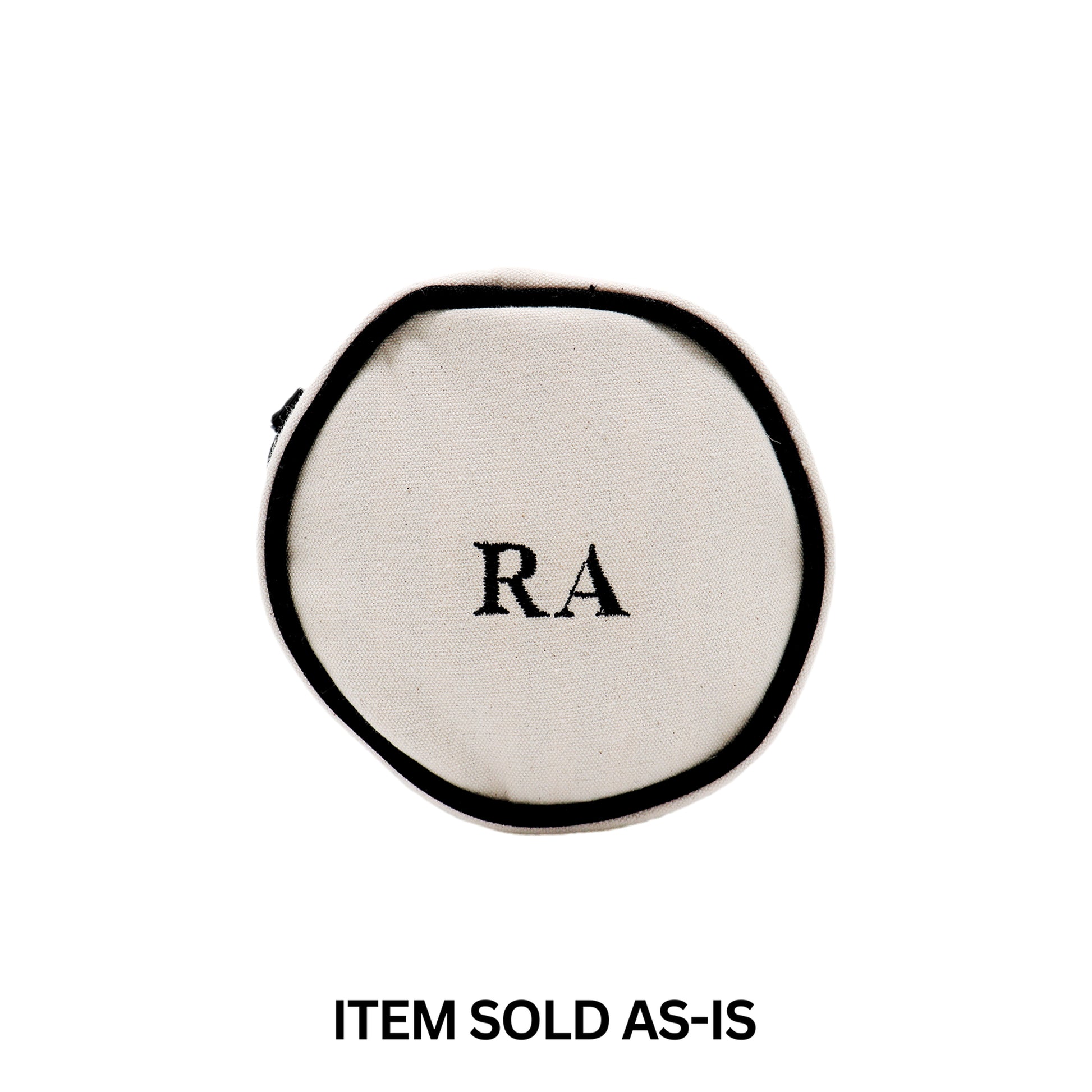 Round cream Scents Perfume Case with faulty RA monogram, final sale item by Bag-all, sold as is
