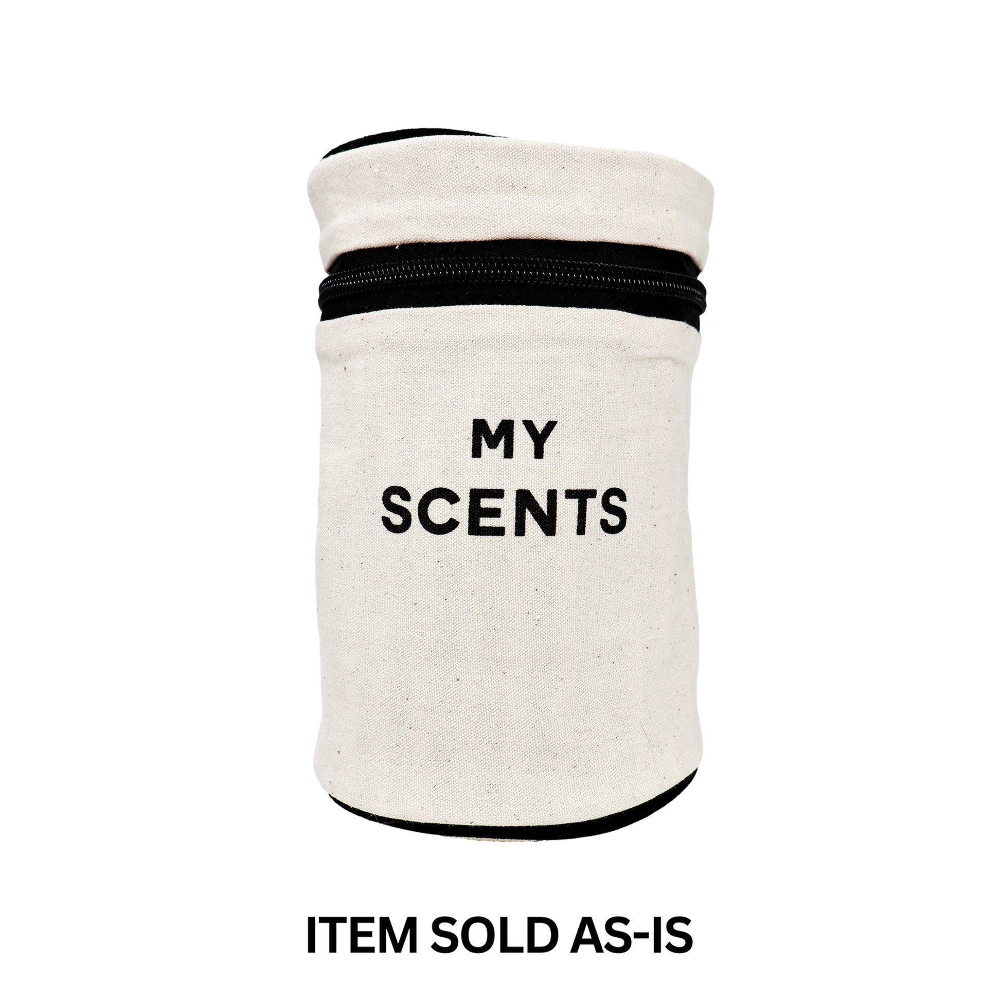 Bag-all round cream perfume case with black "My Scents" print, final sale with minor monogram flaw visible