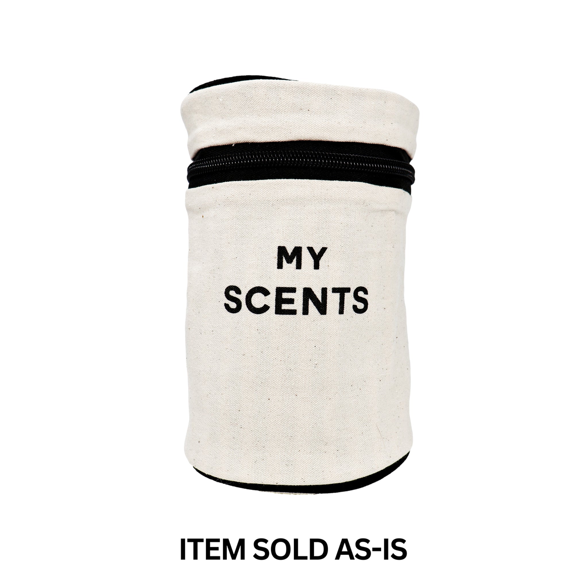 Bag-all round cream perfume case with black "My Scents" print, final sale with minor monogram flaw visible
