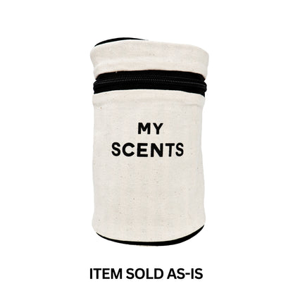 Bag-all round cream perfume case with black "My Scents" print, final sale with minor monogram flaw visible