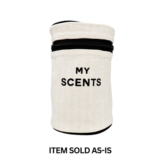 Bag-all round cream perfume case with black "My Scents" print, final sale with minor monogram flaw visible