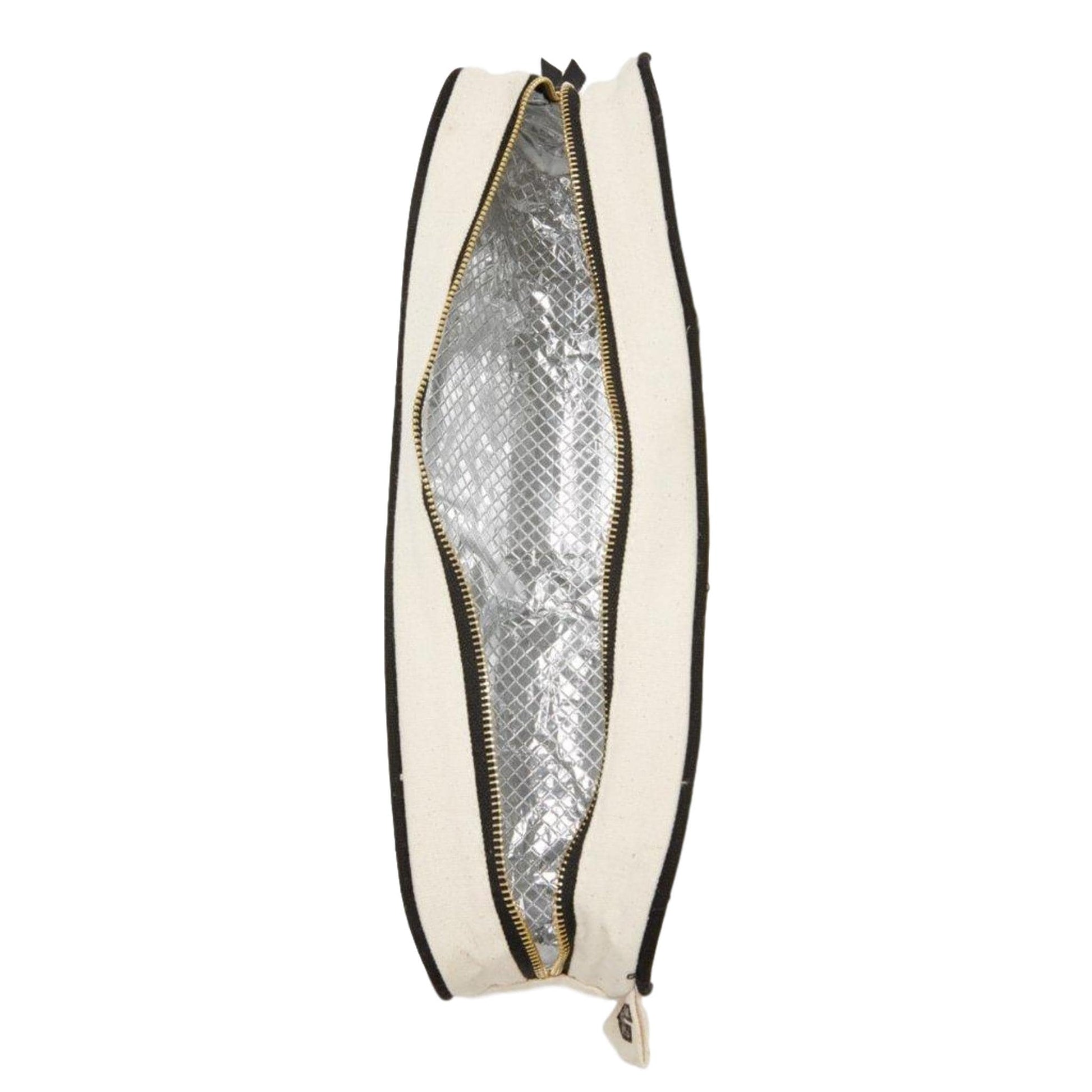 Bag-all cotton wine bottle bag with metallic silver lining, featuring elegant cream canvas exterior and gold zipper closure
