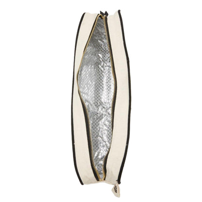 Bag-all cotton wine bottle bag with metallic silver lining, featuring elegant cream canvas exterior and gold zipper closure