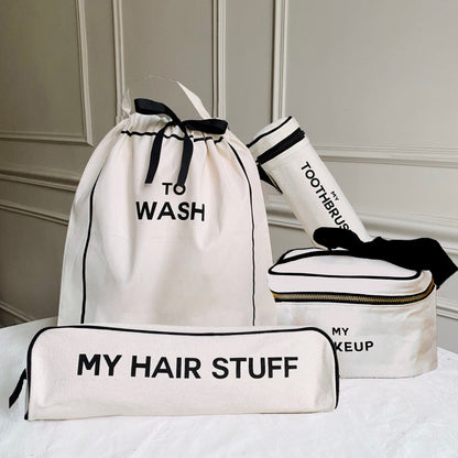 Bag-all Deal Gift Set featuring cream cotton travel organizers - To Wash laundry bag, My Hair Stuff case, toothbrush holder, and makeup box with black trim and striped lining