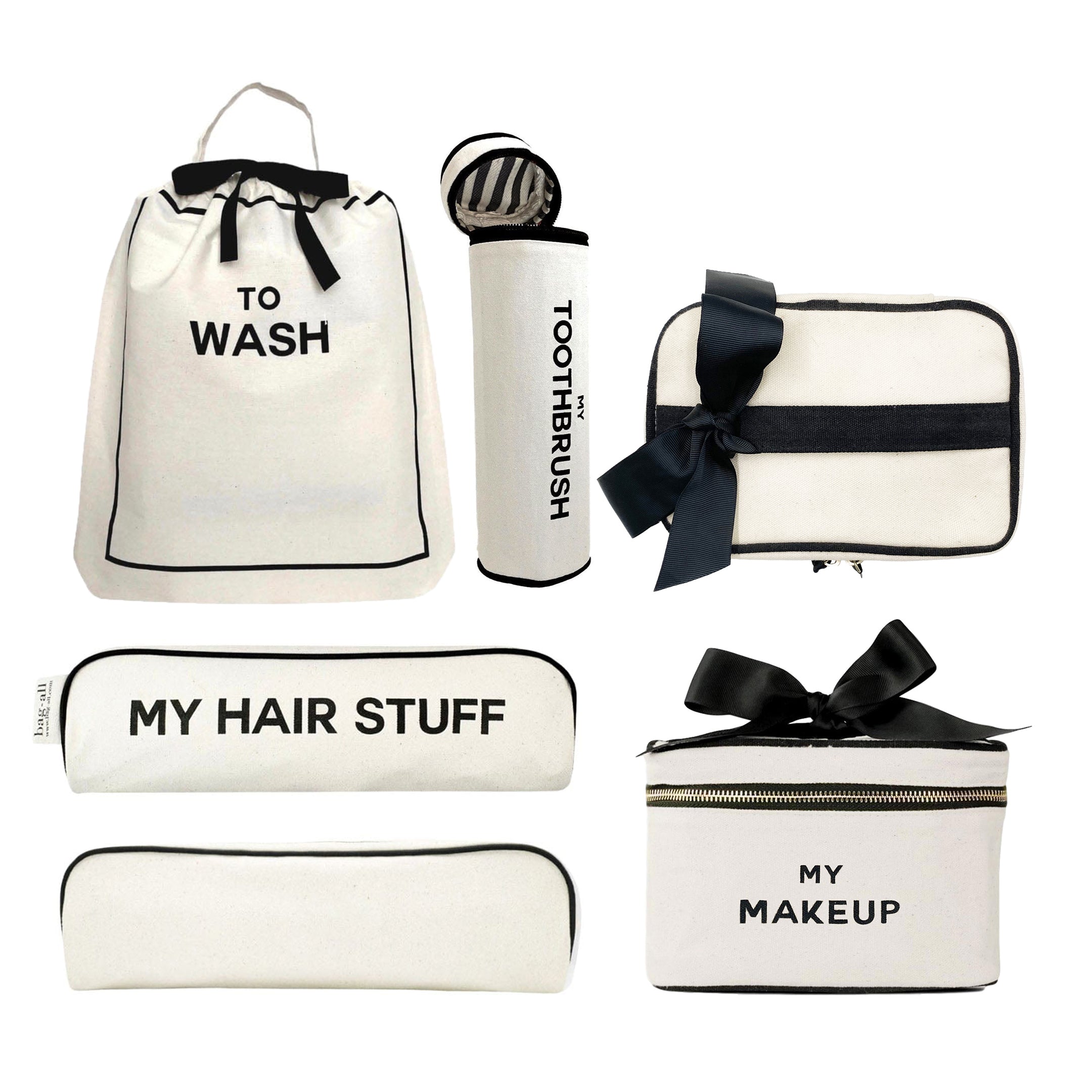 Bag-all Deal Gift Set featuring cream cotton travel organizers: To Wash laundry bag, toothbrush holder, makeup box, and hair stuff case with black trim and bows