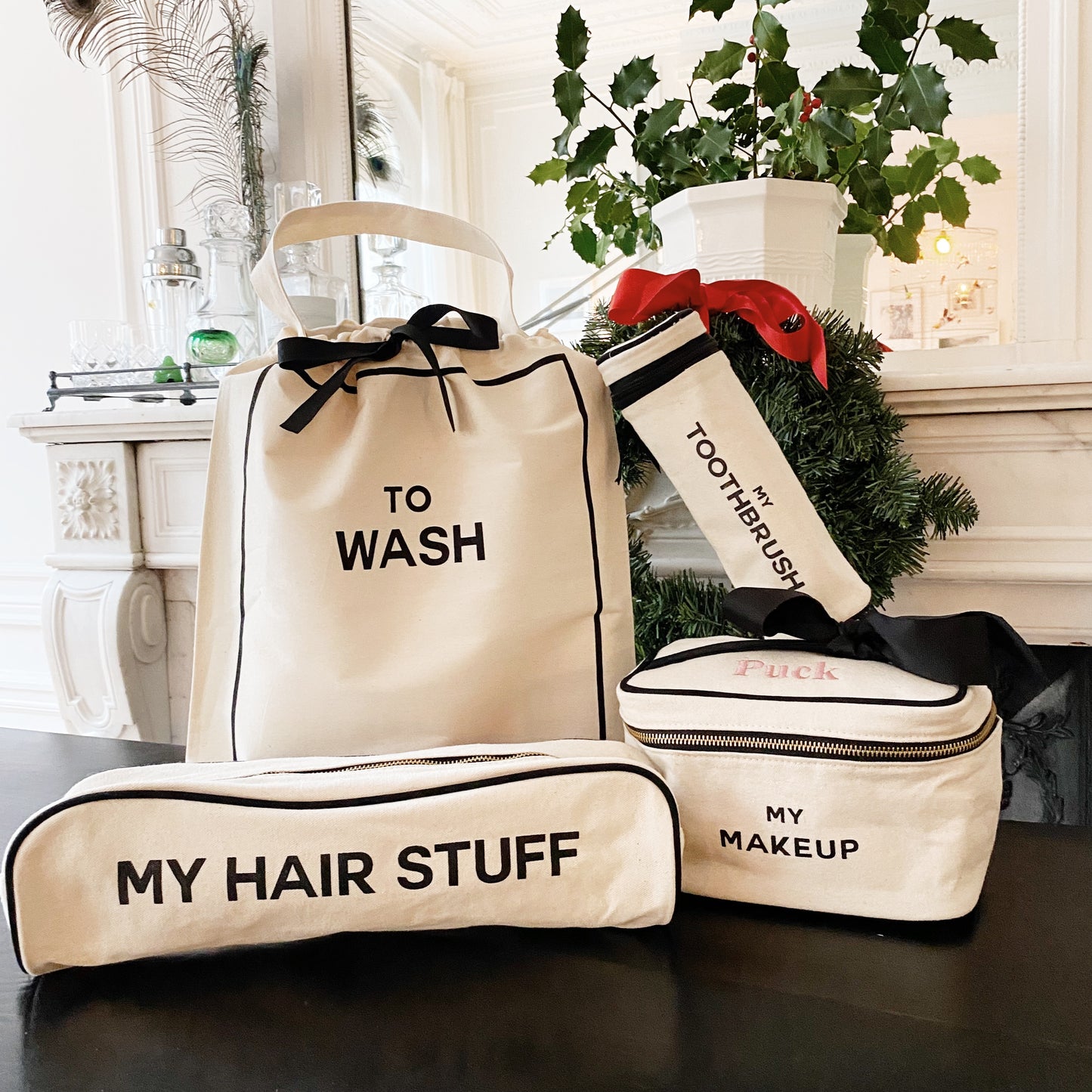 Bag-all cream travel and home set with To Wash bag, My Hair Stuff case, My Makeup box, and Toothbrush pouch