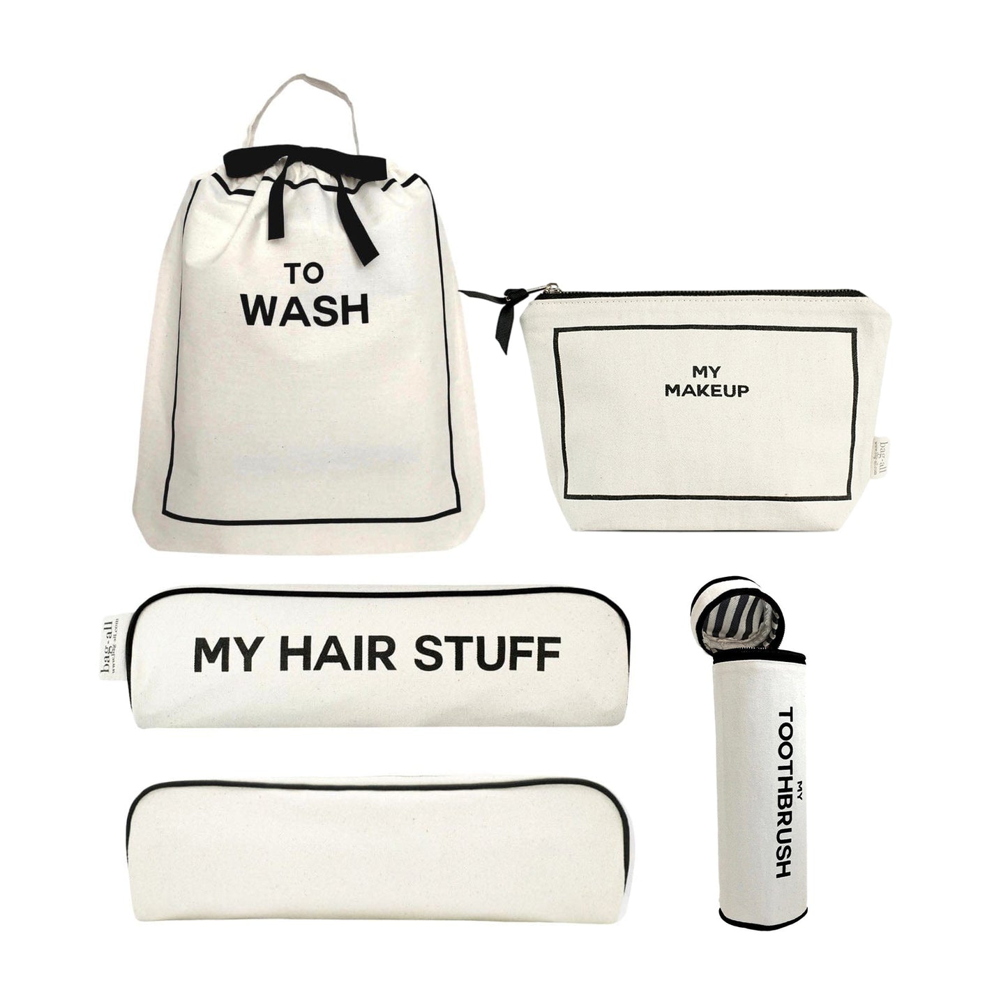 Bag-all white cotton travel organizer set featuring To Wash bag, My Makeup case, My Hair Stuff pouch, and toothbrush holder with black trim, perfect for organized travel essentials