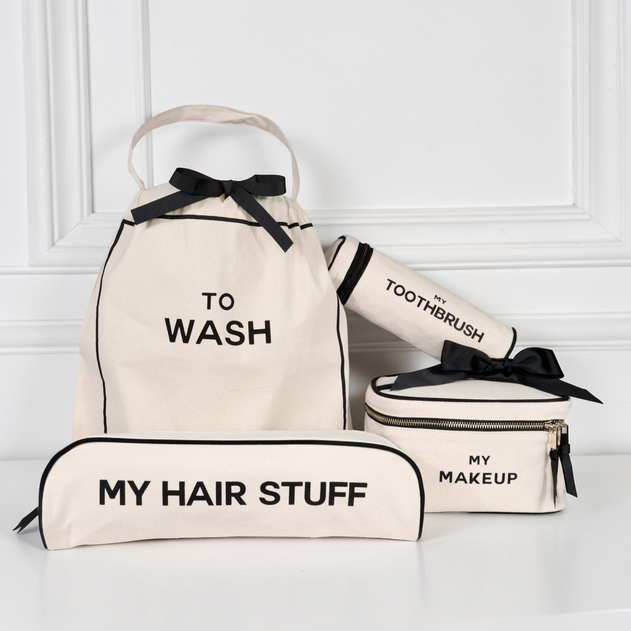 Cream Bag-all set with To Wash laundry bag, My Hair Stuff pouch, My Makeup case, and My Toothbrush holder