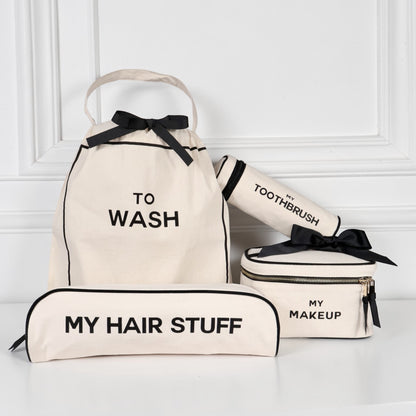 Cream Bag-all set with To Wash laundry bag, My Hair Stuff pouch, My Makeup case, and My Toothbrush holder