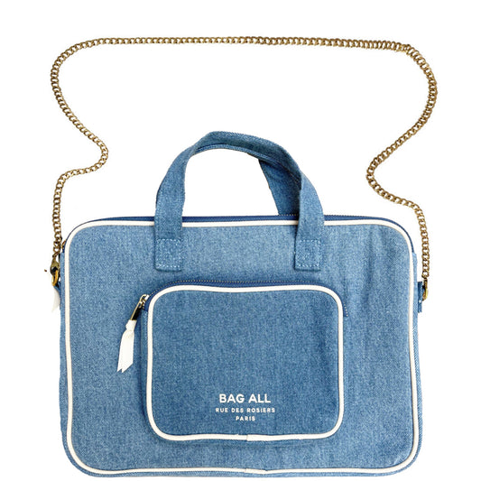 Bag-all Denim Laptop Case 13" with chain strap and charger pocket, featuring padded striped interior, gold hardware, and versatile carrying options, perfect for modern organization