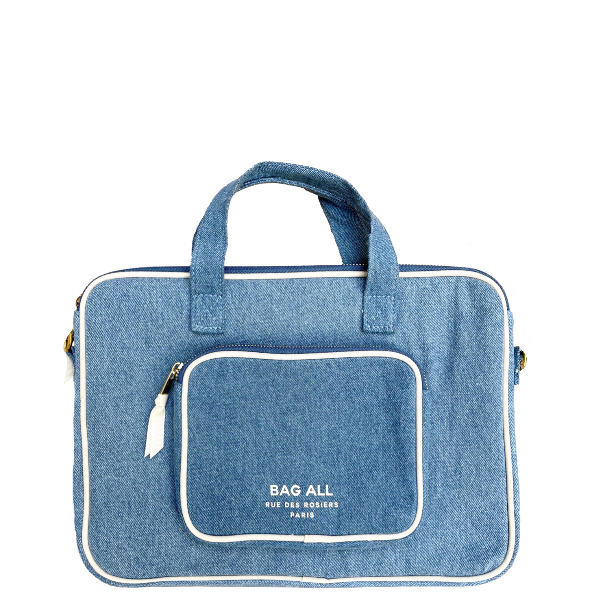 Bag-all Denim Laptop Case 13" with charger pocket, featuring padded striped interior, gold hardware, and versatile carrying options, perfect for modern organization