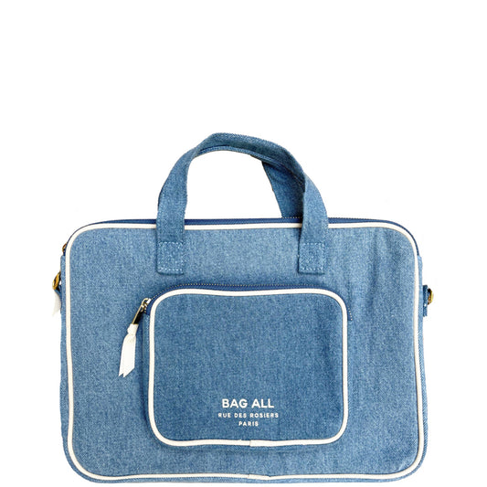 Bag-all Denim Laptop Case 13" with charger pocket, featuring padded striped interior, gold hardware, and versatile carrying options, perfect for modern organization