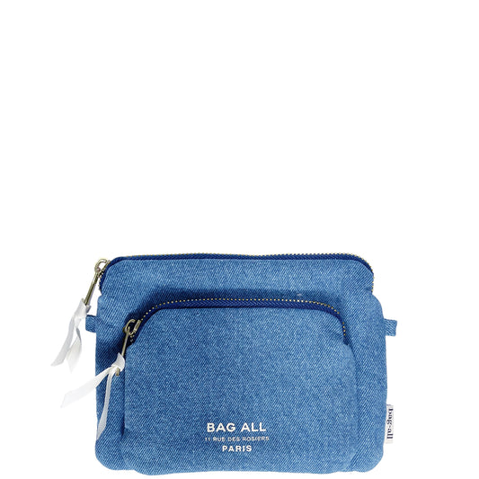 Bag-all Padded Trinket Pouch Double Pocket in Denim - stylish blue padded organizer pouch with dual zipper compartments and white pull tabs, perfect for everyday essentials