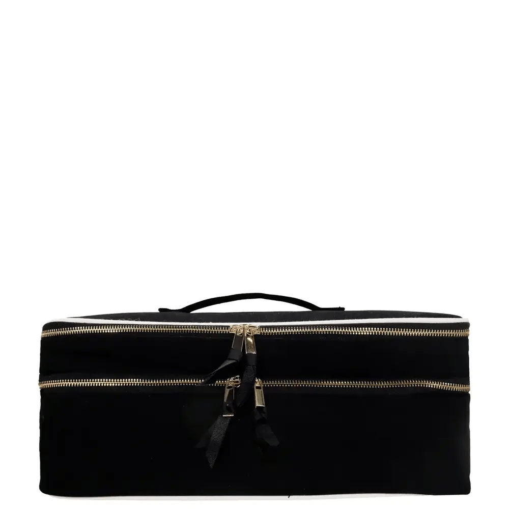 Black Bag-all double hair styling tools travel case with gold zippers and top handle against white background