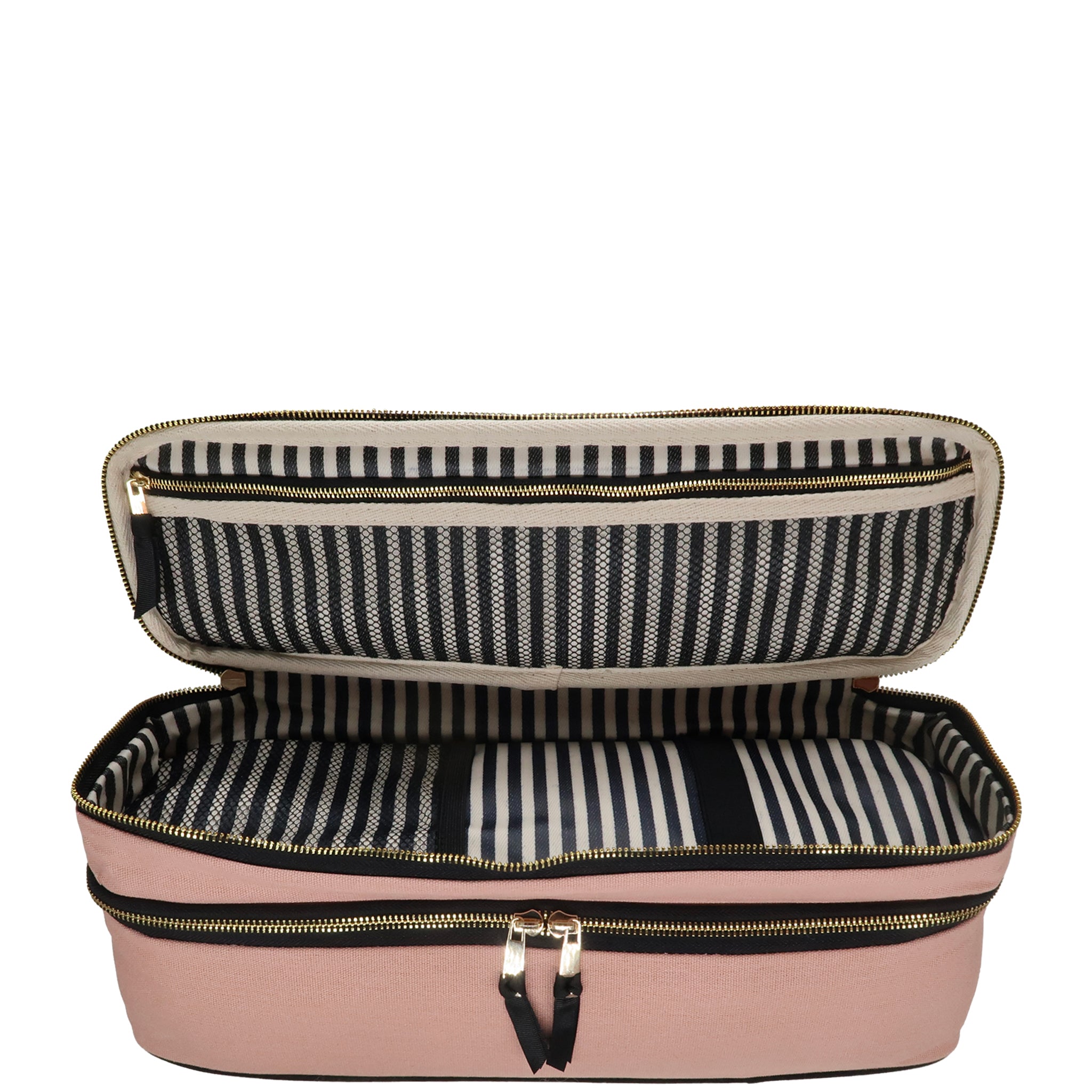 Open pink Bag-all double hair styling tools travel case with striped interior and gold zippers visible