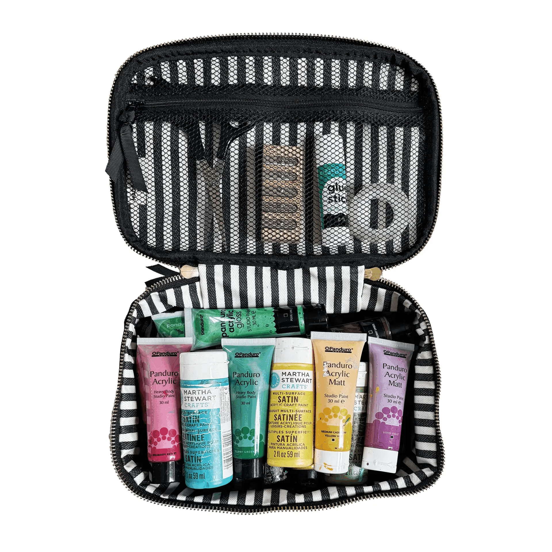 Bag-all double-sided hobby case in black with striped interior holding colorful acrylic paints and accessories