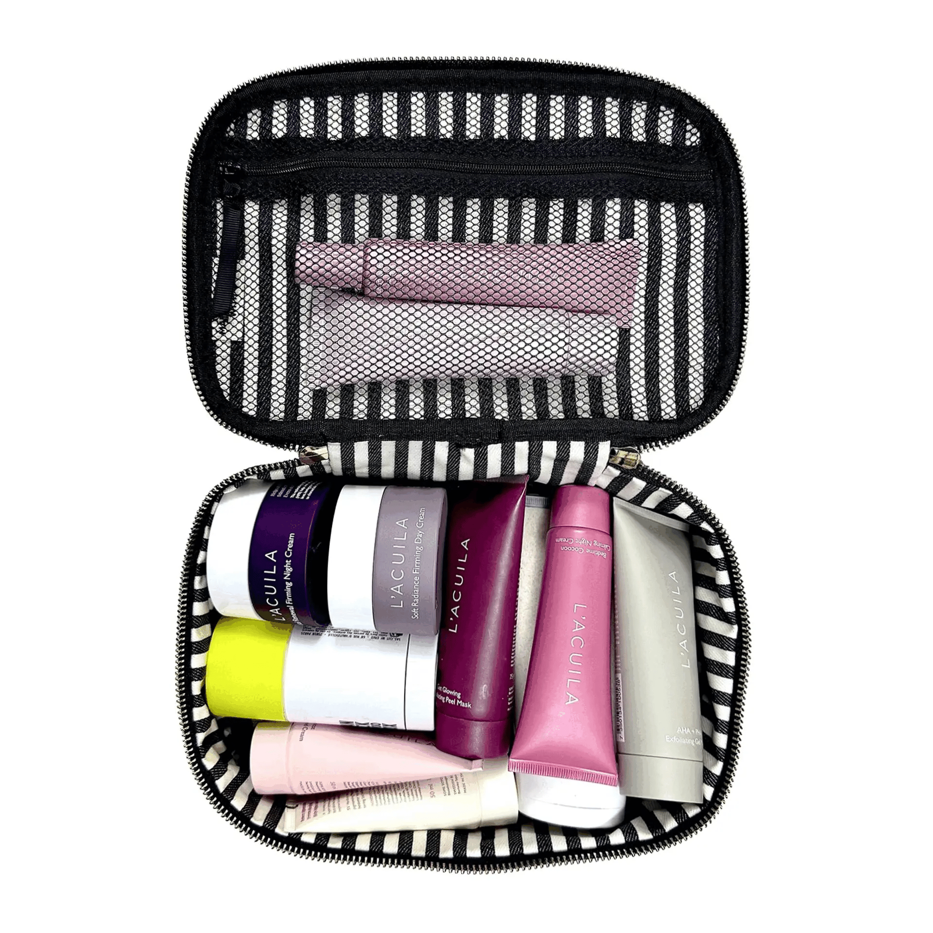 Open black double-sided makeup case with striped interior and various cosmetic tubes by Bag-all