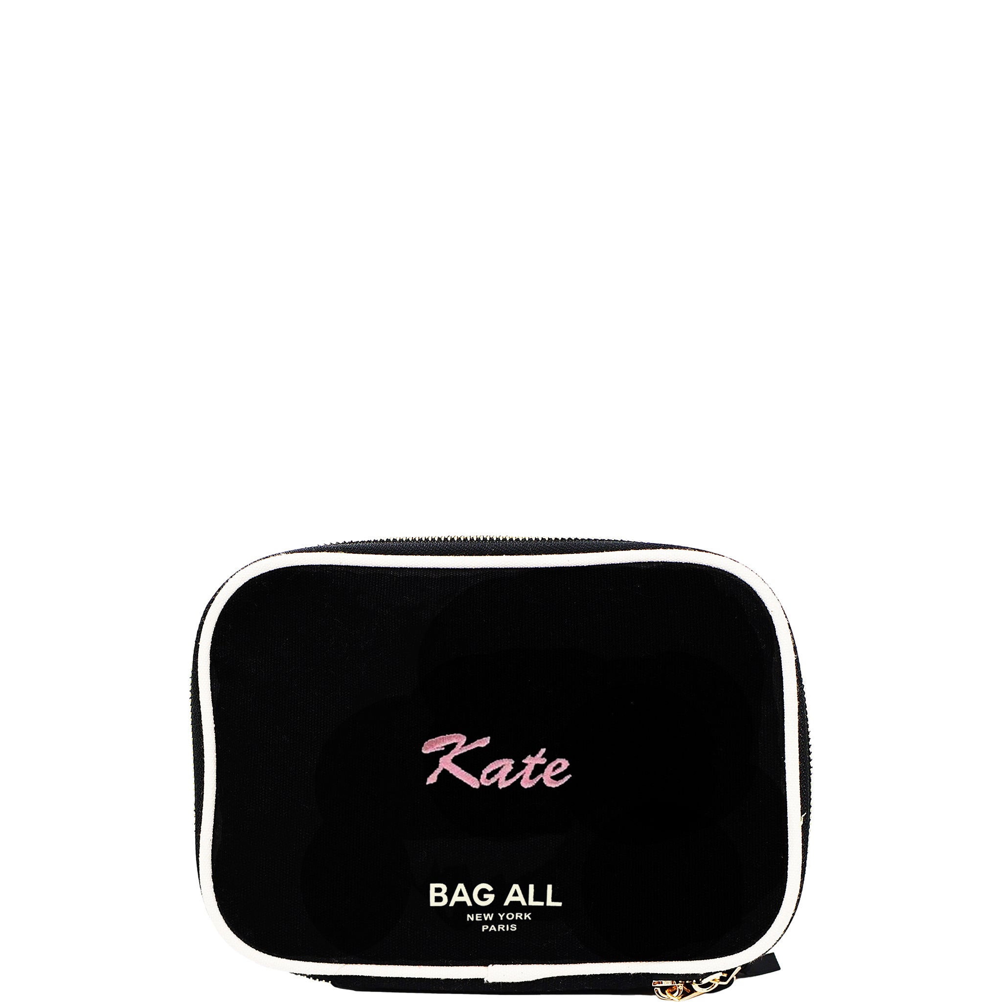 Bag-all Double Sided Toiletry Case in Black with pink monogram, featuring waterproof interior, dual compartments, elastic straps, and metal zippers for travel organization