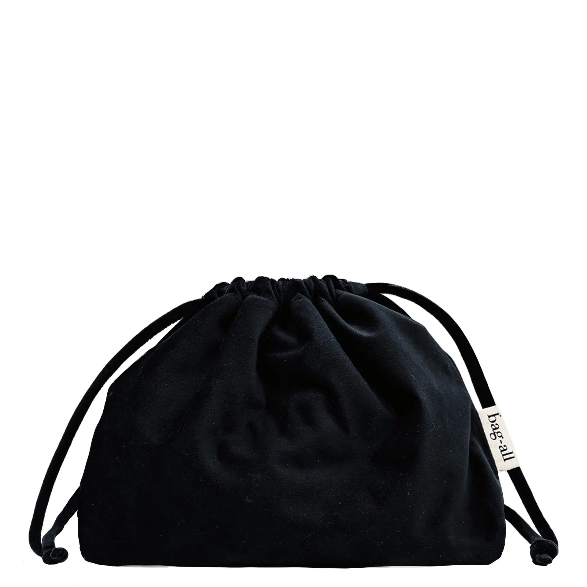 Black velvet drawstring makeup organizing bag by Bag-all, perfect for travel and home use, soft and spacious pouch.