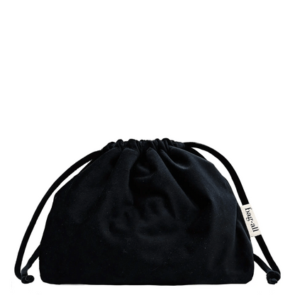 Black eco velvet drawstring tech pouch by Bag-all for storing earbuds, chargers, and cables neatly with soft compact design