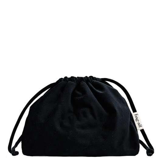 Black velvet drawstring tech pouch for organizing earbuds and chargers by Bag-all compact and stylish design