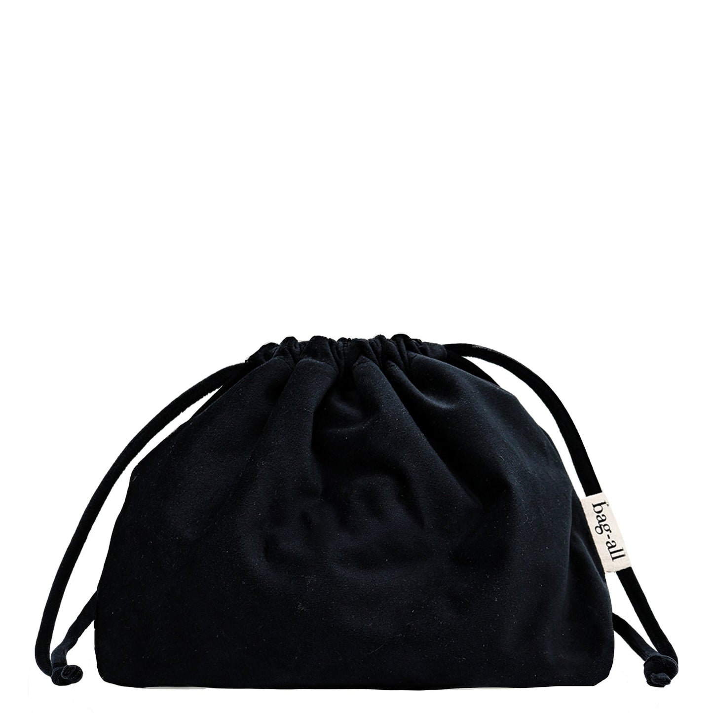 Black velvet drawstring pouch for tech essentials like earbuds and chargers, compact and stylish by Bag-all
