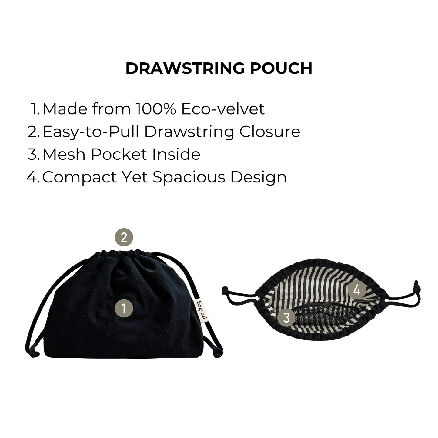 Bag-all black velvet drawstring pouch with mesh pocket inside, eco-friendly, compact and spacious design for tech essentials