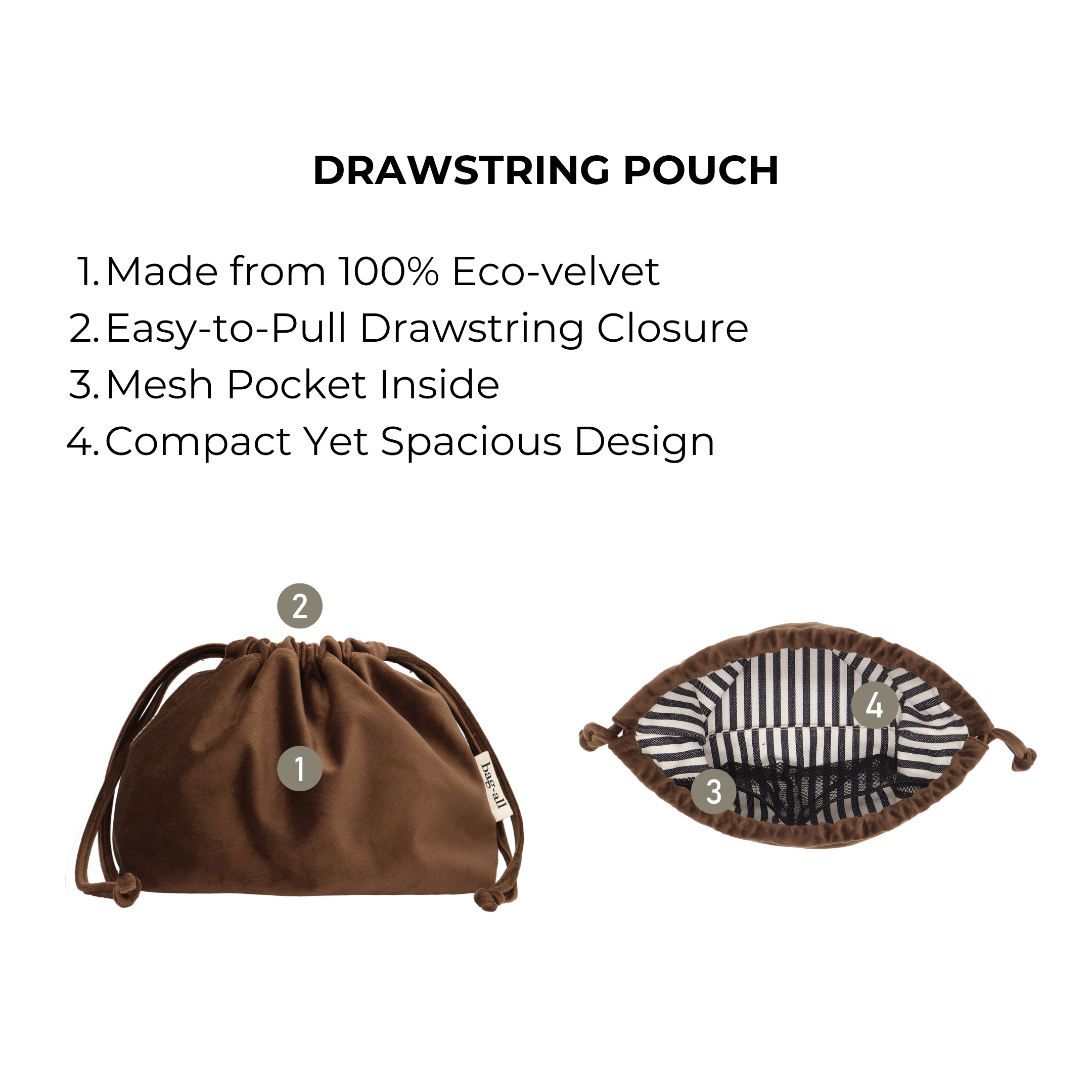 Drawstring Cute Headphone/Tech Pouch – Eco Velvet – Espresso Brown