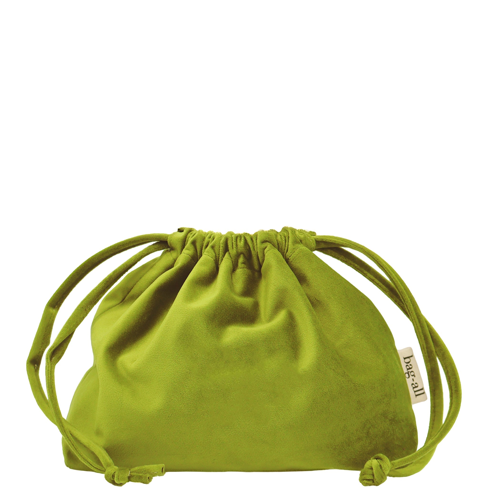 Green velvet drawstring makeup organizing bag by Bag-all, soft pouch for travel and home essentials storage