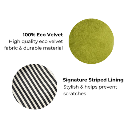 Green eco velvet fabric and black white striped lining details of Bag-all drawstring tech pouch for stylish protection