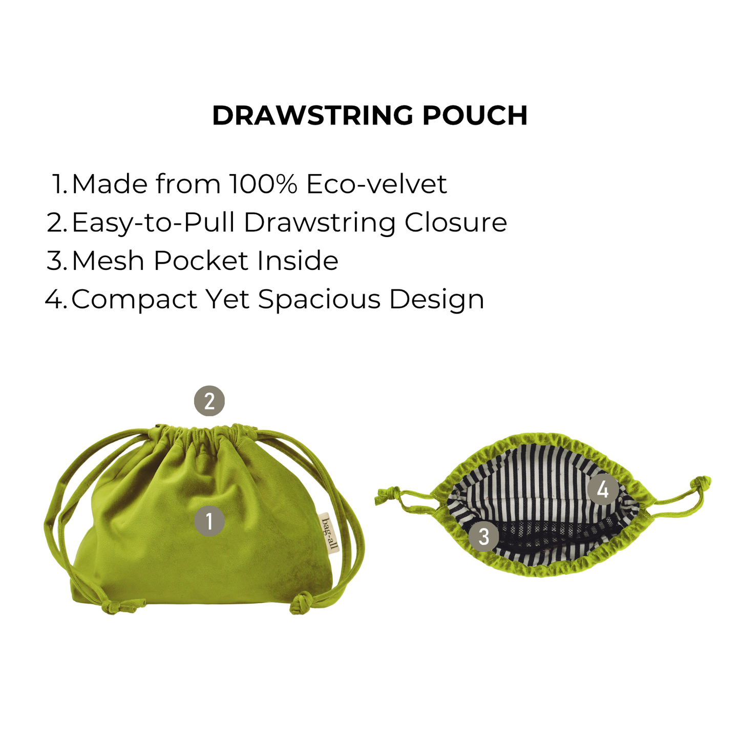 Green velvet drawstring pouch with mesh pocket, eco-velvet fabric, compact design by Bag-all for tech essentials storage