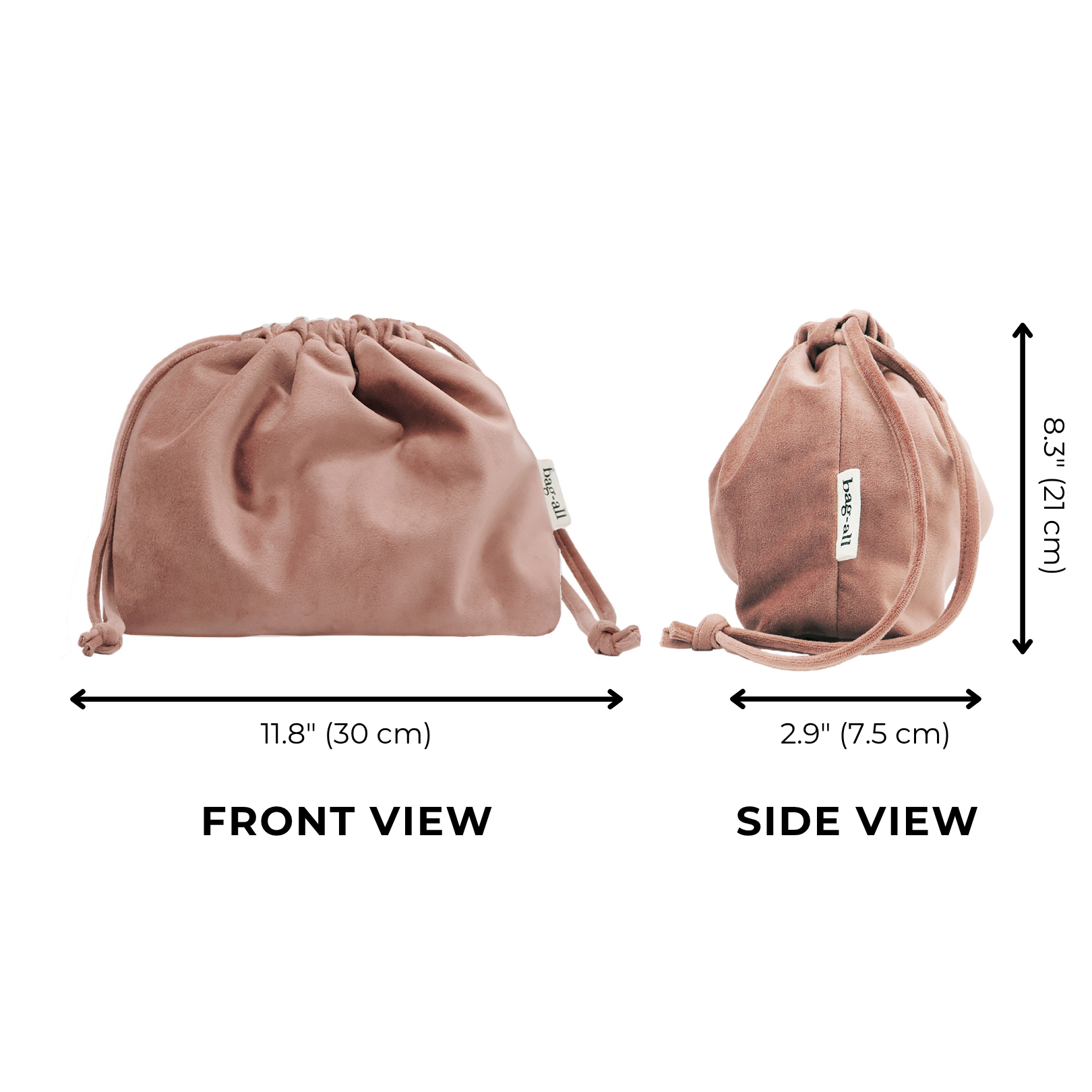 Pink velvet drawstring makeup organizing bag with wide opening, compact and stylish from Bag-all for home and travel use