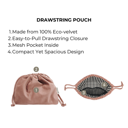 Pink velvet drawstring tech pouch with mesh pocket, eco-velvet fabric, compact spacious design by Bag-all