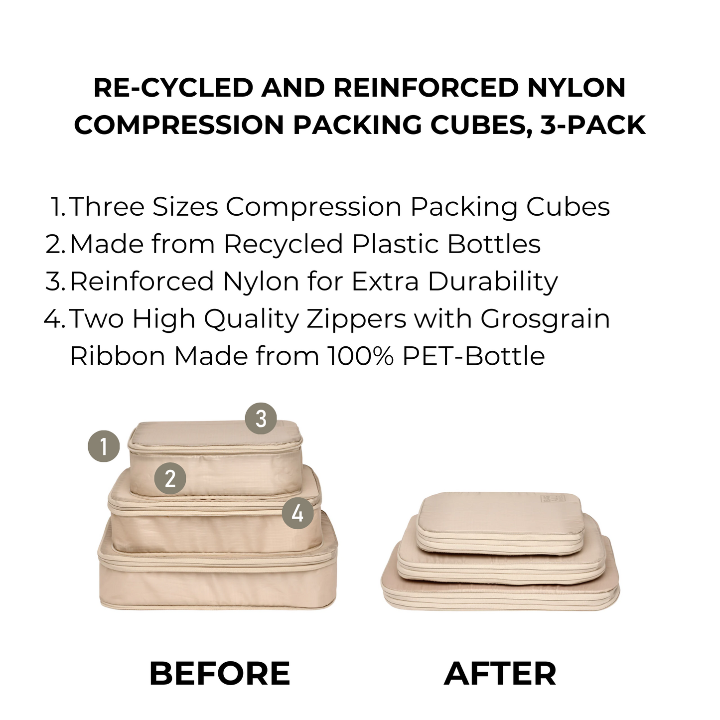 Re-cycled and Reinforced Nylon Compression Packing Cubes, 3-pack Taupe | Bag-all