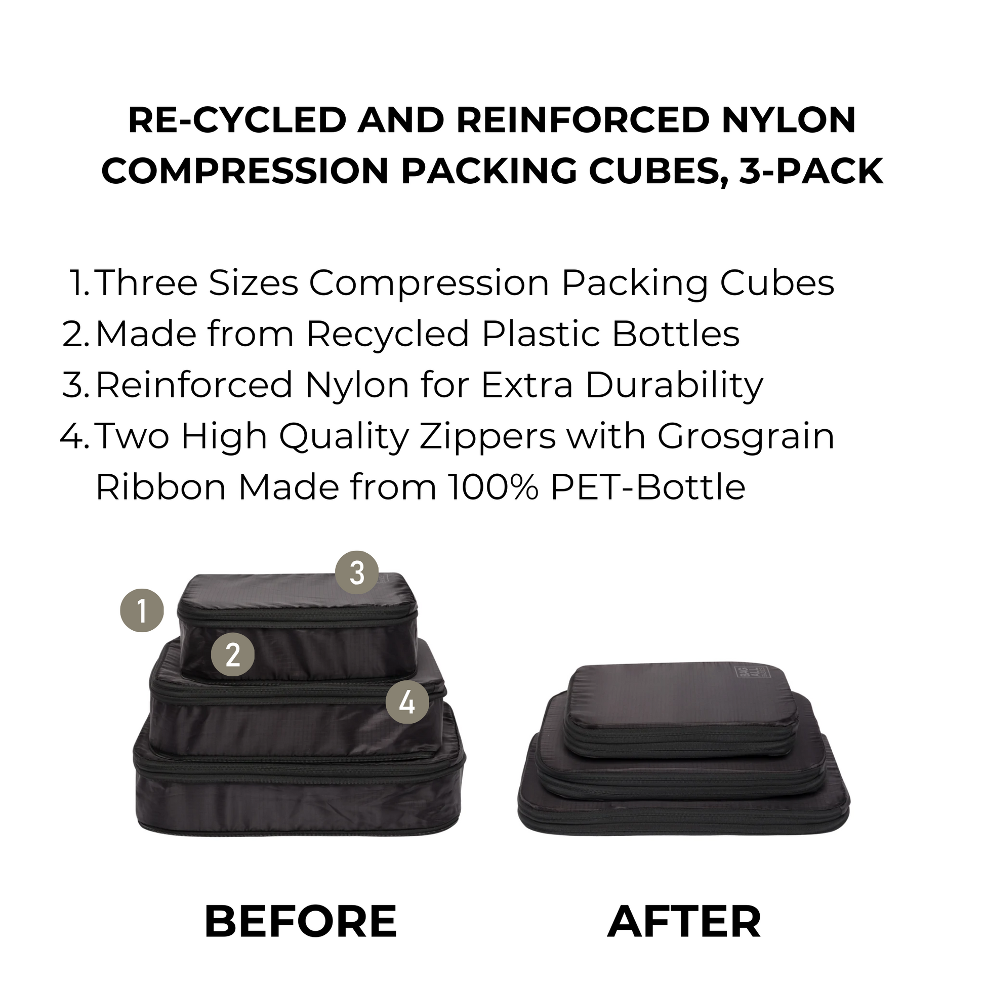 Re-cycled and Reinforced Nylon Compression Packing Cubes, 3-pack Black | Bag-all