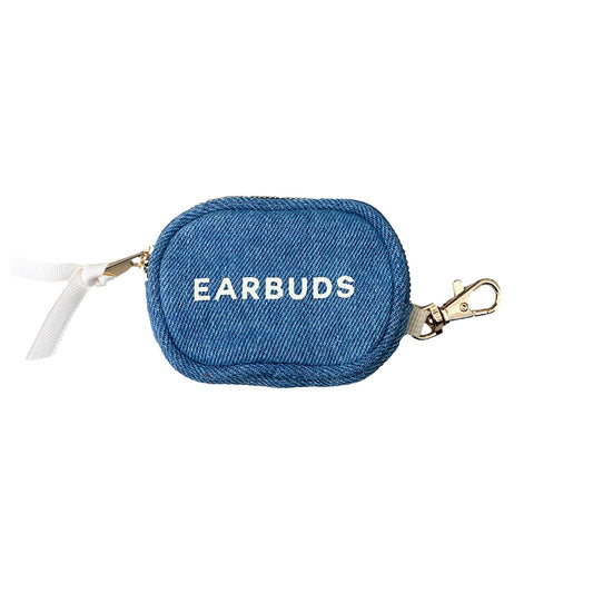 Bag-all Denim Earbuds Case with gold clasp and white lettering, featuring zipper closure and protective cotton material for AirPods storage and organization